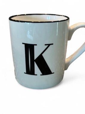 Threshold White Ceramic Mug with Black 'K' Monogram and Black Rim